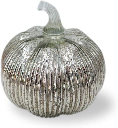 Mercury Glass Light Up Pumpkin with Timer, Fall Decoration for Home, Silver Halloween Festive Decor Lamp