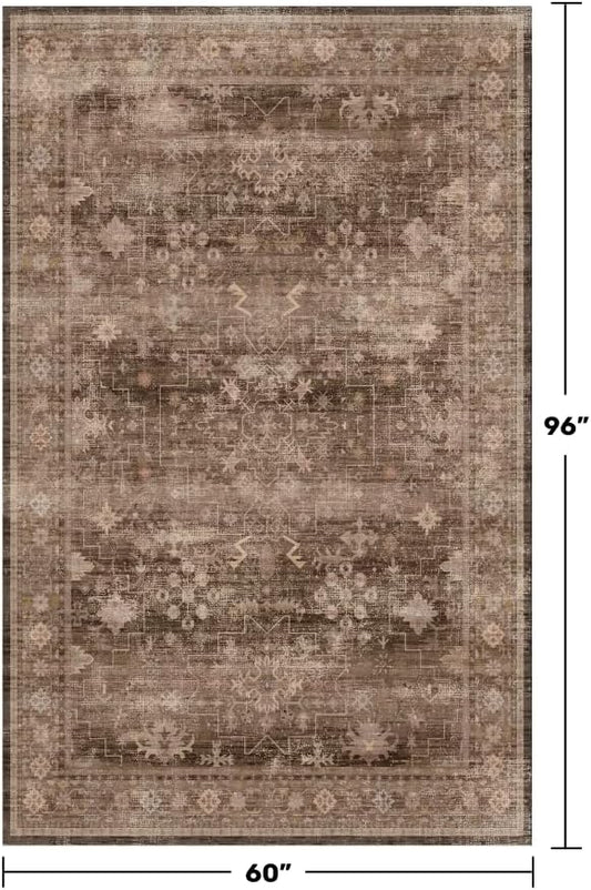 Hazo Haus Taupe Brown 5x8 Rug for Living Room - Vintage Traditional Dark Neutral Geometric, Washable Foldable Non-Slip Area Rugs for Dining Under Table, Home Office, Guest Room