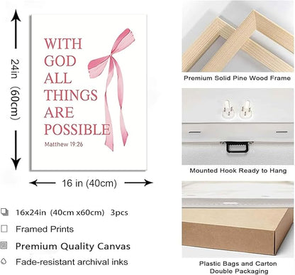 Coquette Pink Bow Canvas Wall Art Set of 3 Inspirational Bible Verses Decor Posters Pictures Prints Aesthetic for Girls Room College Apartment Living Room Bedroom Framed 16x24 Inch