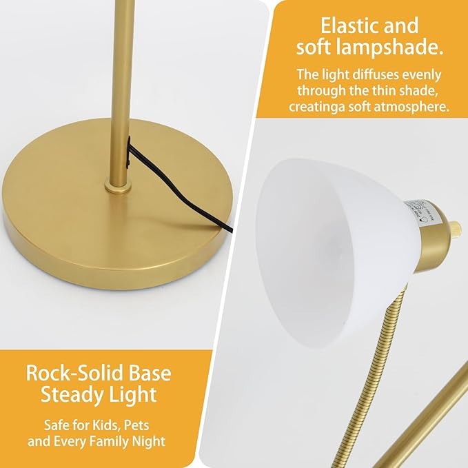 RISLG Floor Lamps for Living Room,Standing Lamp with Stepless Dimming, 3 Lights Adjustable Reading Lights, Morden Tall Lamps for Living Room, Bedroom, Office, Gold