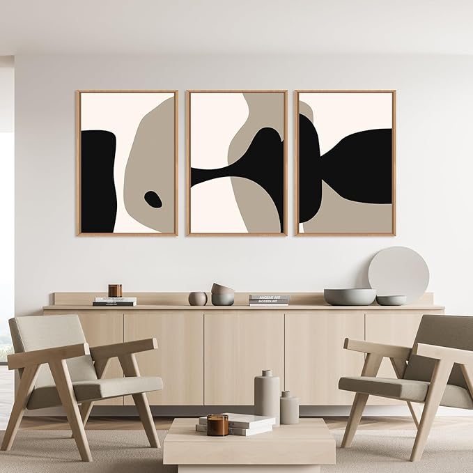 DRACIT Large Neutral Abstract Lines Framed Canvas Wall Art Set,Minimalist Black Beige Brown Wall Decor,Modern Mid Century Geometric Blocks Artwork for Living Room,Bedroom,Office-16 x24 x3