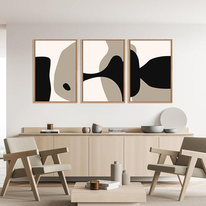 DRACIT Large Neutral Abstract Lines Framed Canvas Wall Art Set,Minimalist Black Beige Brown Wall Decor,Modern Mid Century Geometric Blocks Artwork for Living Room,Bedroom,Office-16 x24 x3