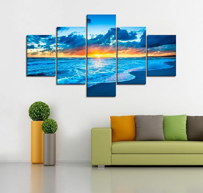 Beautiful Landscape Sunset Wave Beach Ocean Modern Seascape Pictures Painting on Canvas 5 Panels Combination Extra Large for Wall Art Living Room Home Decor Framed Stretched (60''W x 40''H)