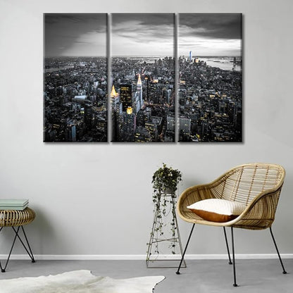 TUMOVO American Cityscape Black and White Wall Art 3 Panels Manhattan Skyscrapers City Skyline Wall Decor Living Room Nighttime Lightscape Modern Home Decor Framed Ready to Hang (36" Wx24 H)
