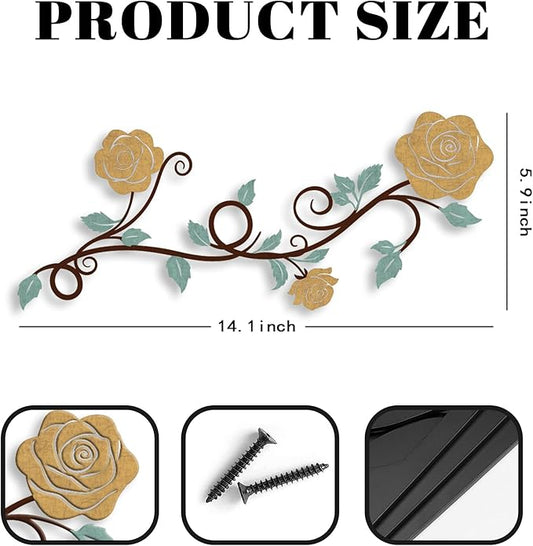Pinetree Art 2 Pieces Metal Flower Wall Art Modern Vintage Rose Floral Branch Wall Decor for Living Room Hallway Bathroom (Yellow)