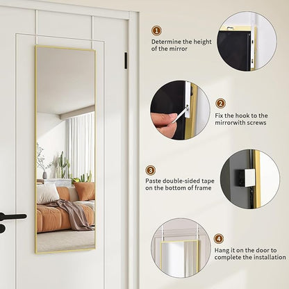 Door Mirror, Over The Door Full Length Mirror, 50"x16" Hanging Mirrors for Bedroom, Living Room, Entryway, Dorm, Gold