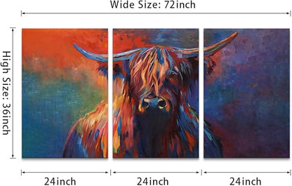 Cow Canvas Wall Art Abstract Highland Cow Painting 3 Panels Texas Longhorn Posters and Prints for Living Room Home Office Bar Toilet Bedroom Guest Room Decoration, Framed 72" L x 36" W