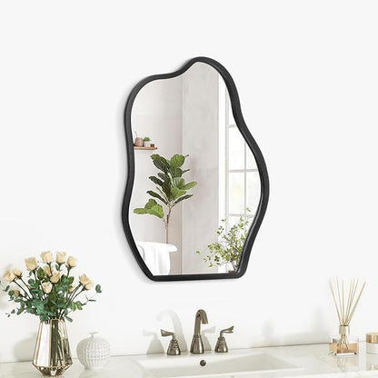Irregular Asymmetrical Mirror Small Wooden Framed Wall Mirror Modern Cloud Hanging Artistic Mirror Decor for Bathroom Vanity Bedroom Living Room Entryway Hallway 16"x12"
