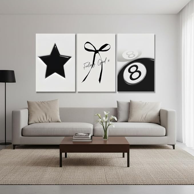 Black and White Wall Art Set of 3, Trendy Star Bow 8 Ball Canvas Wall Decor, Minimalist Aesthetic Wrapped Canvas Prints Ready to Hang for Teen Girl Bedroom Dorm Apartment Room 16x12 or 24x16 Inch