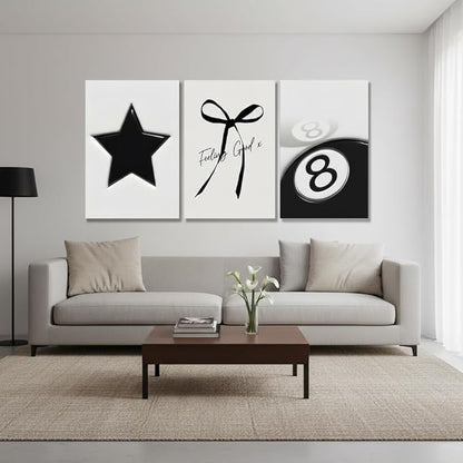Black and White Wall Art Set of 3, Trendy Star Bow 8 Ball Canvas Wall Decor, Minimalist Aesthetic Wrapped Canvas Prints Ready to Hang for Teen Girl Bedroom Dorm Apartment Room 16x12 or 24x16 Inch