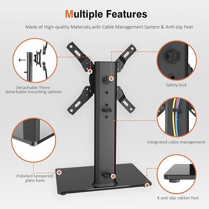 Universal Swivel TV Stand/Base Table Top TV Stand for 13 to 39 inch TVs with 100 Degree Swivel, 4 Level Height Adjustable, Heavy Duty Tempered Glass Base, Holds up to 88lbs, HT07B-002