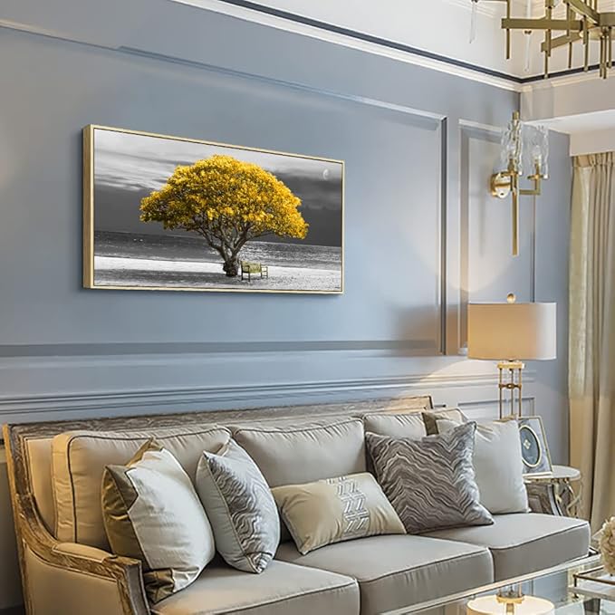 Framed Canvas Wall Art For Living Room Large Wall Decor For Bedroom Black And White Wall Painting Office Decoration Boho Home Decor Yellow Trees Scenery Pictures Artwork Natural Wood Framed