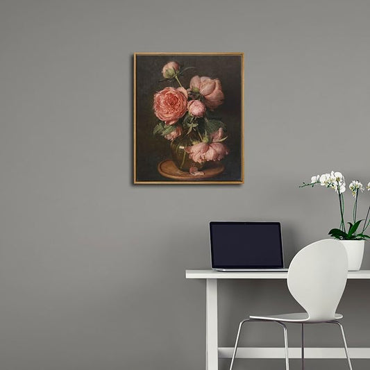 Pyradecor Vintage Framed Wall Art Large Living Room Decor Pfingstrosen Canvas Prints Classical Floral Painting for Bedroom Farmhouse Office Decorations