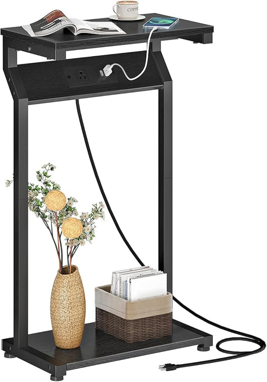 CHOEZON Narrow Side Table with Charging Station, 27" Skinny End Table for Small Spaces, Couch Table with Storage, Slim Tray Table with USB Ports, for Living Room, Bedroom, Black TBZ27UBB