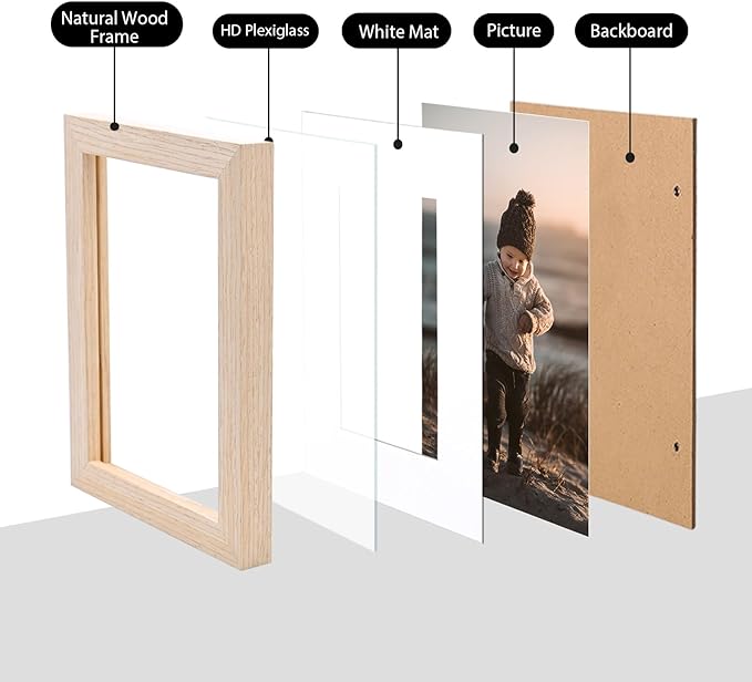 KINLINK 6x8 Picture Frame Natural, Solid Wood Frames with Acrylic Plexiglass for Pictures 4x6 with Mat or 6x8 without Mat, Tabletop and Wall Display Photo Frame, Set of 4