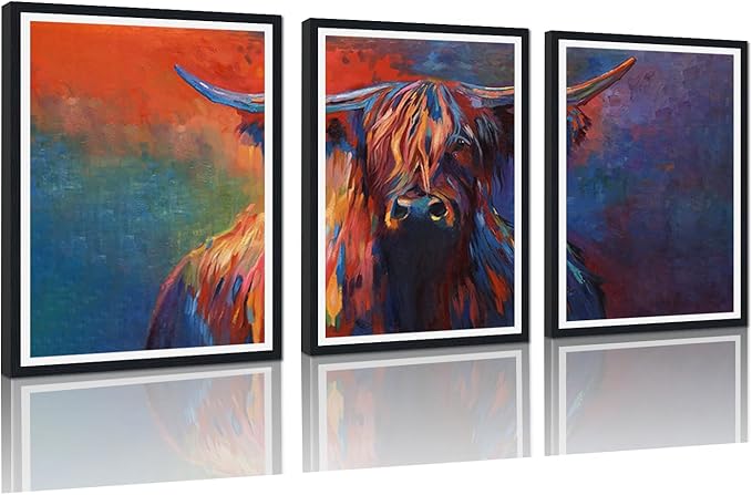 Colorful Highland Cow Framed Canvas Wall Art Set of 3 Vibrant Abstract Cow Decor for Office Nursery Living Room Bedroom Funny Farmhouse Cow Print Artwork Wall Decor Easy to Hand 12x16inchx3pcs