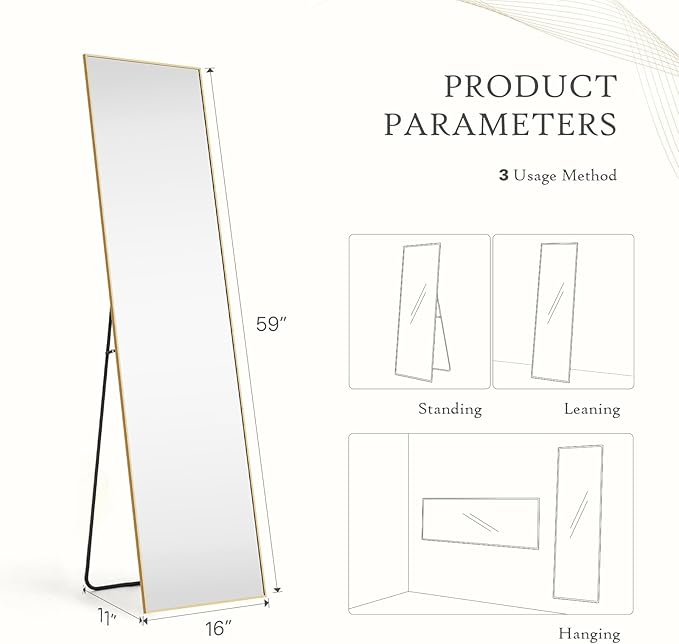 Mirror Full Length, Upgraded 16"x59" Body Wall Mirrors with Shatter-Proof Glass, Floor Standing, Hanging or Leaning, Tall Mirror with Stand Aluminum Alloy Frame for Bedroom, Gold