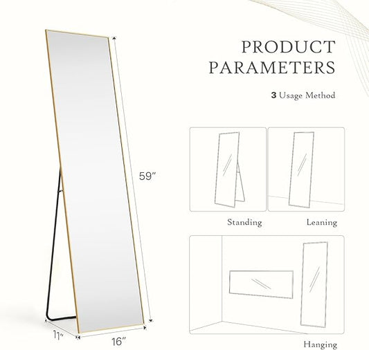 Mirror Full Length, Upgraded 16"x59" Body Wall Mirrors with Shatter-Proof Glass, Floor Standing, Hanging or Leaning, Tall Mirror with Stand Aluminum Alloy Frame for Bedroom, Gold