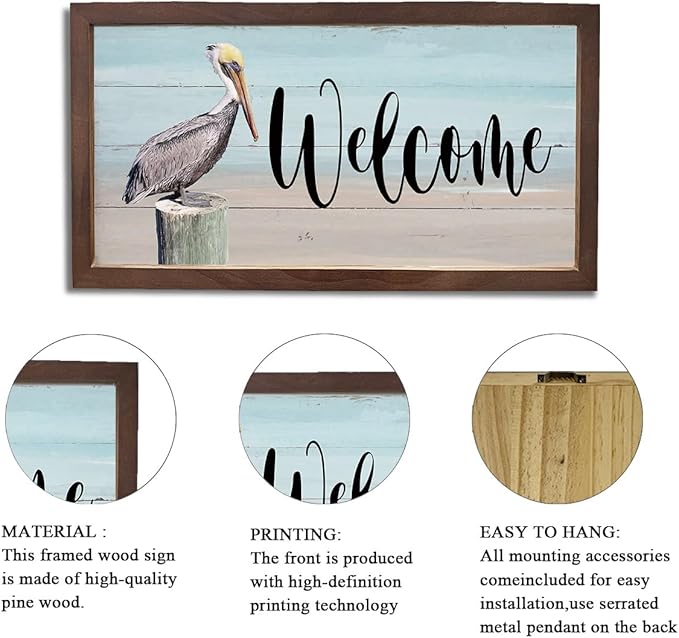 Pelican Welcome Sign, Framed Wood Signs, Welcome Sign for Farmhouse Porch Wall, Front Door Decors for Home, Rustic Hanging Decor, Wooden Framed Wall Decor 15×7.5×0.3 inches