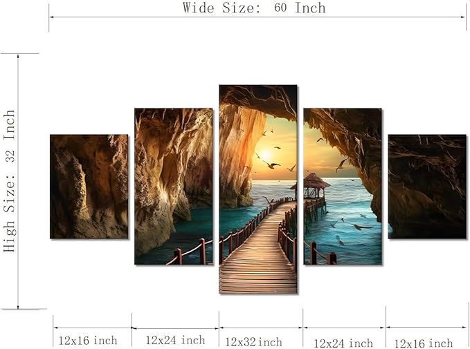 Yatsen Bridge 5 Piece Ocean Sunset Canvas Wall Art Seascape Pictures Seagulls Rock Landscape Home Decor for Living room Bedroom Wall Decoration Framed Ready to Hang - 60''W x 32''H