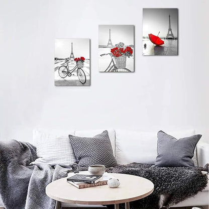 red Flowers 3 Piece Canvas Print Wall Art for Living Room Bathroom Decorations Bedroom Wall decor modern Eiffel Tower umbrella Office Home Decoration wall paintings Black and white bicycle landscape