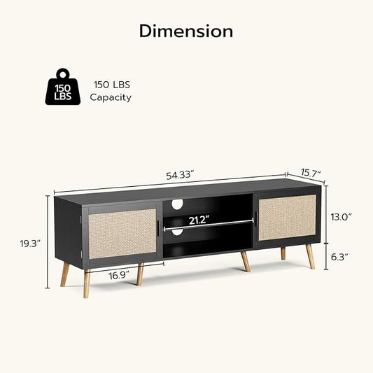 ZttRiee TV Stand for TVs up to 65'', Entertainment Center with Rattan Door, Shelves & 2 Cabinets, Boho Media TV Console for Living Room, Bedroom, Black