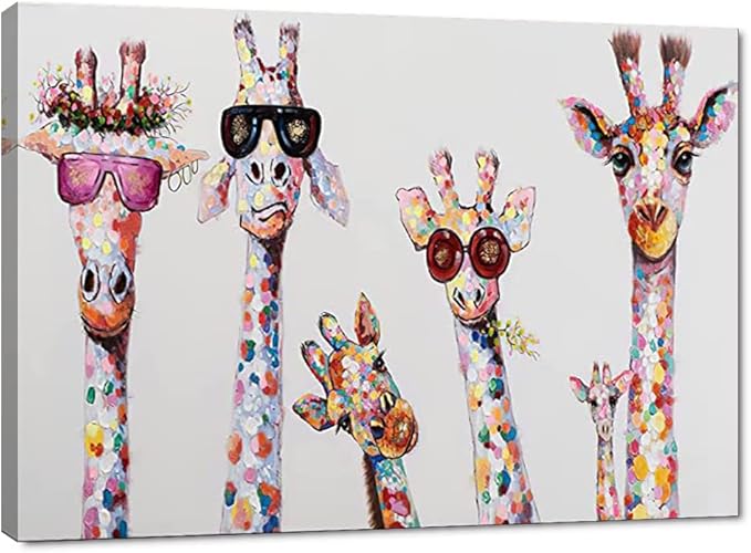 Bansky Graffiti Art Large Size 5 Giraffes Canvas Wall Art for Living Room Bathroom Framed Canvas Painting Wall Decor Modern Home Artwork Office Ready to Hang 44" WX28 H