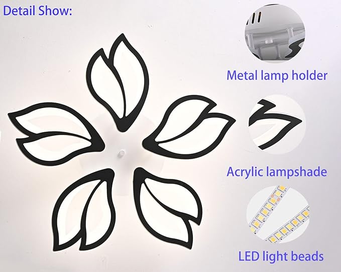 Led Modern Ceiling Light Flush Mount Black 5-Leaf Lights Ceiling Lamp Dimmable with Remote Chandelier 25.59in for Bedroom Living Room Kitchen Dining Room Office