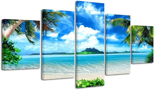 Pyradecor 5 Piece Canvas Prints Wall Art for Living Room Kitchen Home Decorations Large Modern Gallery Wrapped Pretty Landscape Blue Ocean Beach Pictures Paintings Artwork Ready to Hang L