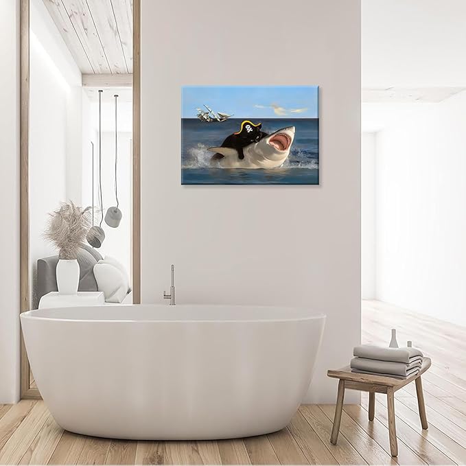 Funny Cat Biting Shark Posters, Interesting Animal Shark Wall Art, Quirky Pirate Black Cat Pictures, Whimsical Animal Paintings Wall Art, Art Prints for Bathroom Living Room Bedroom Washroom 12x16 Inches. Unframed