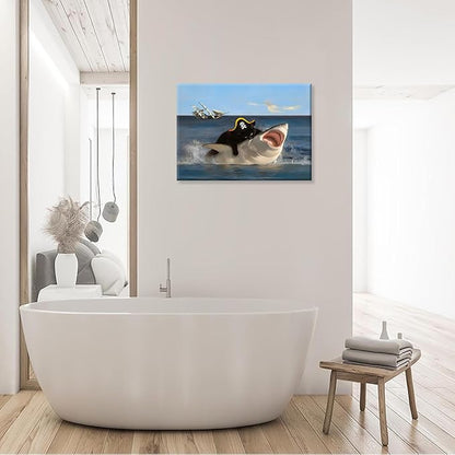 Funny Cat Biting Shark Posters, Interesting Animal Shark Wall Art, Quirky Pirate Black Cat Pictures, Whimsical Animal Paintings Wall Art, Art Prints for Bathroom Living Room Bedroom Washroom 12x16 Inches. Unframed