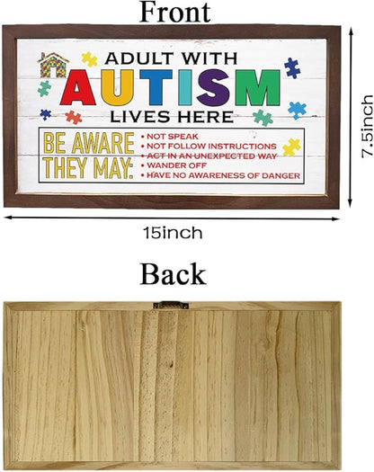 Colorful Autism Awareness Sign, Wall Decor Art, Modern Farmhouse Wood Signs, Autistic Support Wooden Plaque for Home, Wooden Framed Wall Decor, Adult with Autism Lives Here Sign 15×7.5×0.3 inches