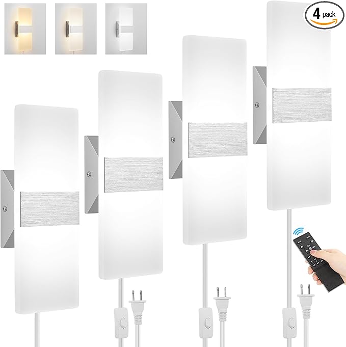 GOODATE 4 Pack Plug in Wall Sconces with Remote Control, Dimmable, Adjustable 3000K-6500K Colors, Silver 12W Acrylic LED Plug in Wall Light, Wall Lamps for Bedroom Living Room Hallway Stair