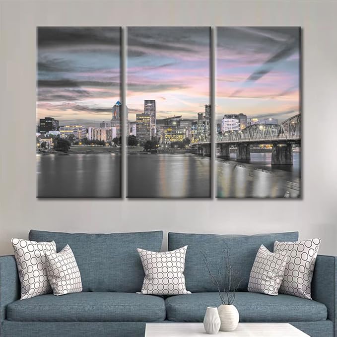 3 Pieces Portland Dusk City Skyline Home Decor American Cityscape Skyscrapers Modern Artwork Wall Art for Living Room Giclee Wooden Framed Gallery-Wrapped Ready to Hang (36" Wx24 H)
