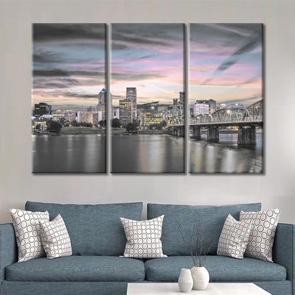 3 Pieces Portland Dusk City Skyline Home Decor American Cityscape Skyscrapers Modern Artwork Wall Art for Living Room Giclee Wooden Framed Gallery-Wrapped Ready to Hang (36" Wx24 H)