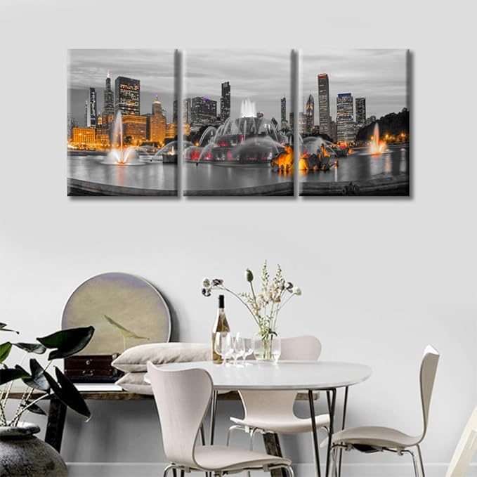 TUMOVO 3 Pieces Home Decor American Cityscape Wall Art Chicago Skyline Panorama with Skyscrapers and Buckingham Fountain at Twilight Bedroom Decor Wall Art Framed Ready to Hang (36" Wx16 H)