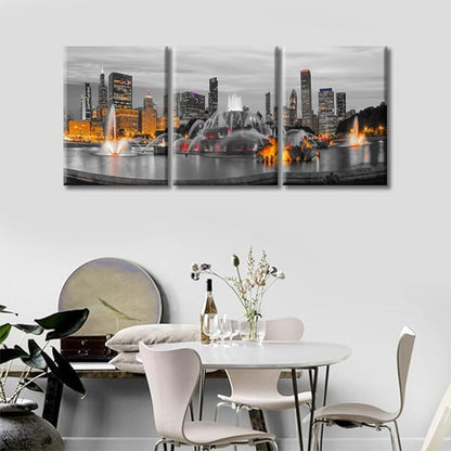 TUMOVO 3 Pieces Home Decor American Cityscape Wall Art Chicago Skyline Panorama with Skyscrapers and Buckingham Fountain at Twilight Bedroom Decor Wall Art Framed Ready to Hang (36" Wx16 H)