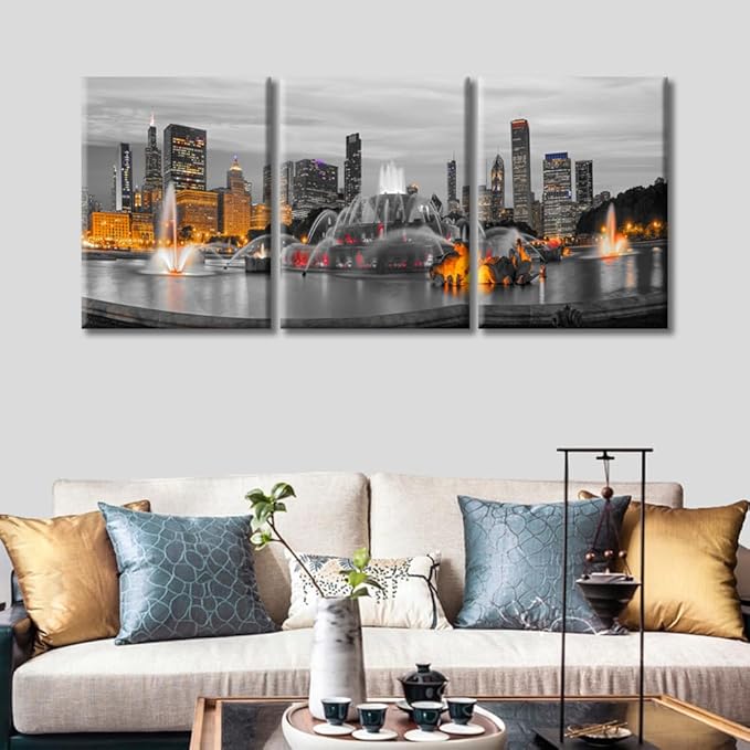 TUMOVO 3 Pieces Home Decor American Cityscape Wall Art Chicago Skyline Panorama with Skyscrapers and Buckingham Fountain at Twilight Bedroom Decor Wall Art Framed Ready to Hang (36" Wx16 H)