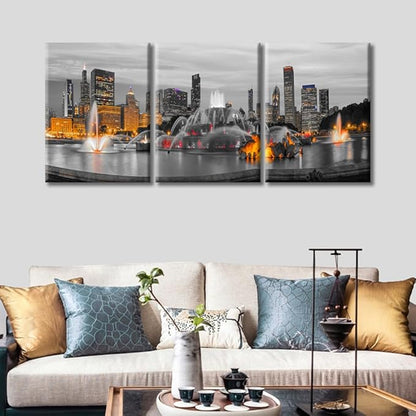 TUMOVO 3 Pieces Home Decor American Cityscape Wall Art Chicago Skyline Panorama with Skyscrapers and Buckingham Fountain at Twilight Bedroom Decor Wall Art Framed Ready to Hang (36" Wx16 H)