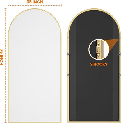 TRAHOME Full Length Arched Mirror, 75"x35" Standing Floor Full Body Mirror for Wall with Aluminum Alloy Frame for Bedroom, Living Room, Dressing Room(Gold)