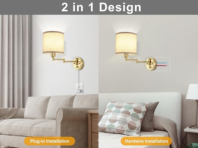 GOODATE Plug in Wall Sconces with Remote Control, Dimming & Adjustable Colors 2700K-6500K, Hardwire or Plug-in, Swing Arm Wall Lamp with Linen Fabric Shade, Wall Sconces Set of Two, Gold Finish