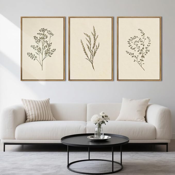 ANHUIB Neutral Beige Floral Canvas Wall Art Large Cream Botanical Wall Decor Vintage Minimalist Modern Paintings 16x24 Inch Set of 3 for Living Room Dining Room Bedroom