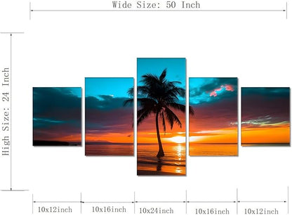 Yatsen Bridge 5 Panels Beach Wall Art for Living Room Sunset Palm Trees Landscape Pictures Canvas Prints Artwork Seascape Wall Decor Wooden Framed Ready to Hang - 50''W x 24''H