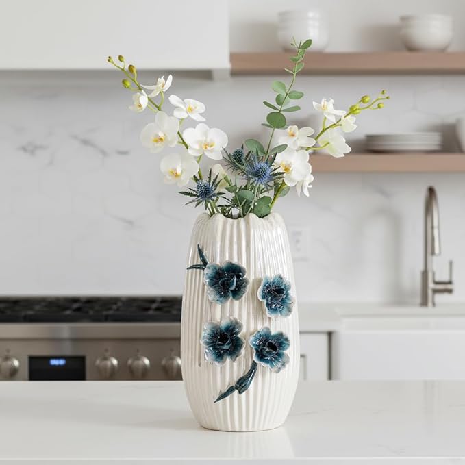 White Flower Vase - Boho Ceramic Vase for Living Room, Modern Decorative Vases Home Decor, Bathroom,Table Centerpiece, Bookshelf, Valentines Table Decor