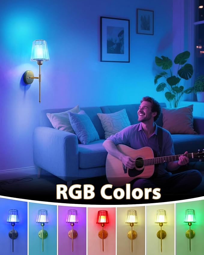 Adetu Crystal Battery Operated Wall Sconces Set of Two, Gold Rechargeable Wall Lights with 10000mAh Dimmable Magnetic Bulb, RGB Rechargeable Battery Wall Sconce with Remote Control for Bedroom Decor