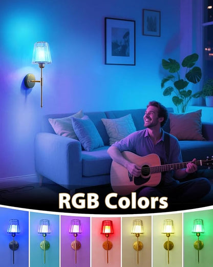 Adetu Crystal Battery Operated Wall Sconces Set of Two, Gold Rechargeable Wall Lights with 10000mAh Dimmable Magnetic Bulb, RGB Rechargeable Battery Wall Sconce with Remote Control for Bedroom Decor