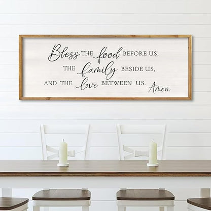 Bless the Food Before Us Wall Decor Sign 40" X 15" Dining Room Wall Decor Framed Wood for Large Farmhouse Vintage Prayer Catholic Kitchen Wall Hanging Scripture Bible Verse Art (Wood)