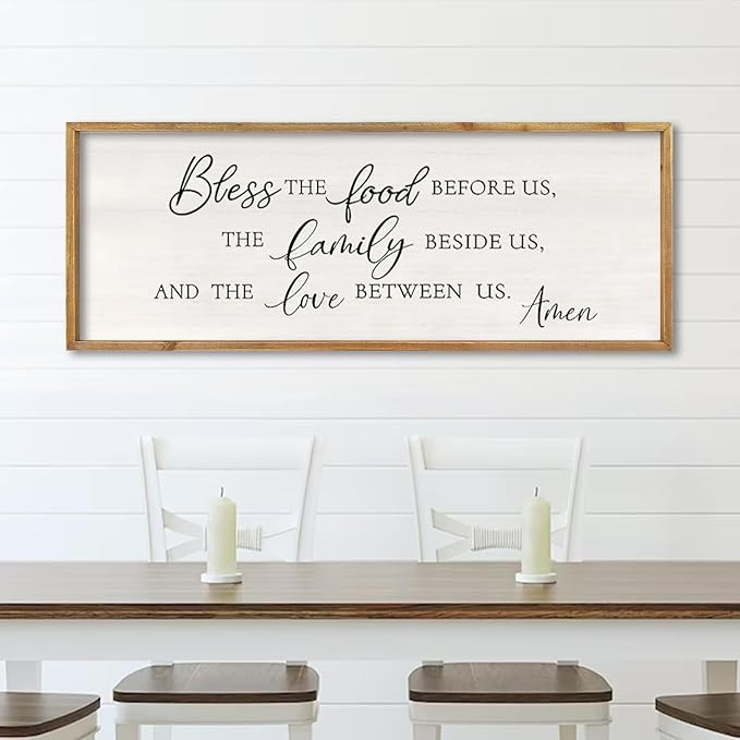 Bless the Food Before Us Wall Decor Sign 32" X 12" Dining Room Wall Decor Framed Wood for Large Farmhouse Vintage Prayer Catholic Kitchen Wall Hanging Scripture Bible Verse Art (Wood)