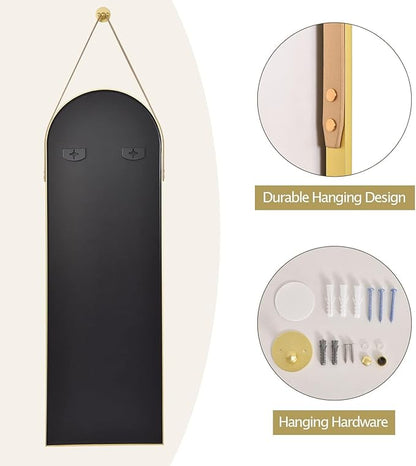 Dewfig 16"x48" Hanging Mirror with Leather Strap,Arched Full Length Mirror with Aluminum Frame Wall-Mounted Hanging Mirrors for Bathroom Vanity Living Room Bedroom Entryway Décor, Gold
