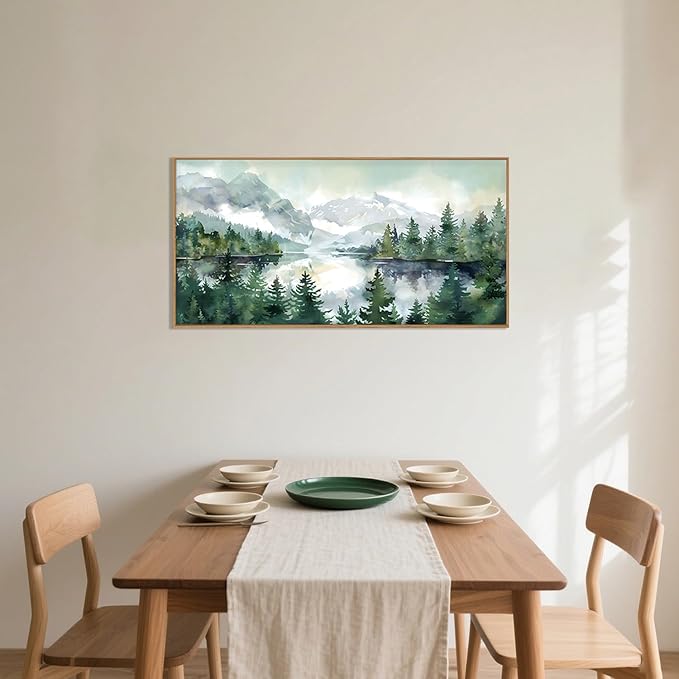 Watercolor Mountain Framed Canvas Wall Art Set, Boho Forest Wall Decor, Nature Green Pines Wall Painting, Forest Wilderness Artwork for Living Room, Bedroom, Dining Room, Office-20 x40 x1